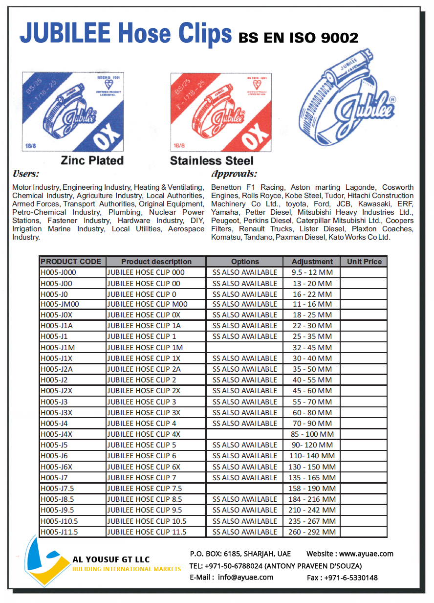 Jubilee hose clips suppliers in Dubai UAE